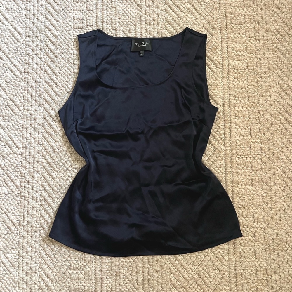 St John Caviar Navy Blue Satin Scoop Neck Sleeveless Tank Top Shell Size 8